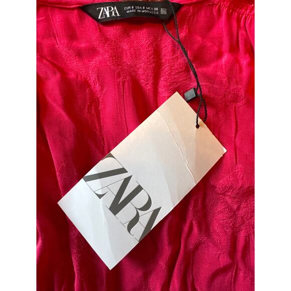 ZARA NEW JACQUARD SATIN WRAP DRESS BELTED FUCHSIA PINK - Picture 4 of 6